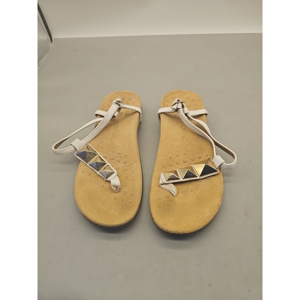 Vionic Nala White Leather Sandals Thong * Sz 9 Gold Embellished